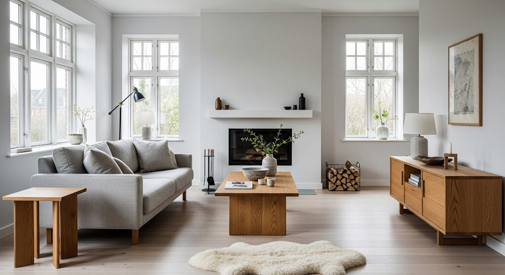 Wooden dining table in a modern living room